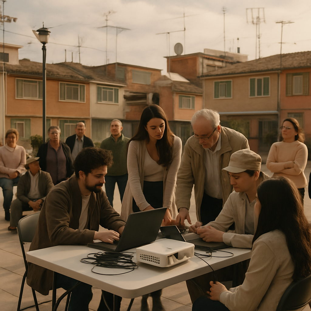 Comunidad de voluntarios participando en la instalaci&oacute;n de un nodo de red comunitaria