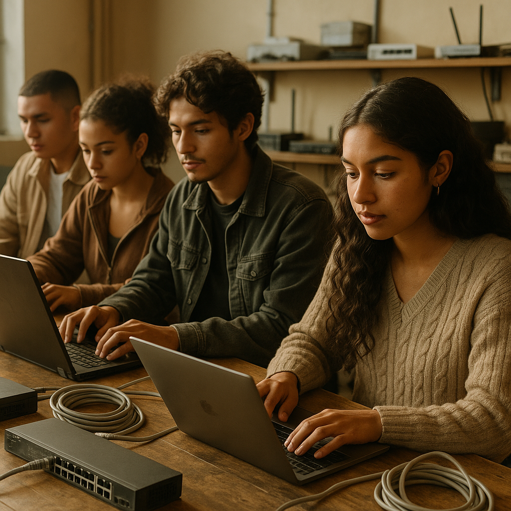 Participantes del Segundo Gran Curso de Redes Libres trabajando con routers y antenas en un hackerspace bogotano