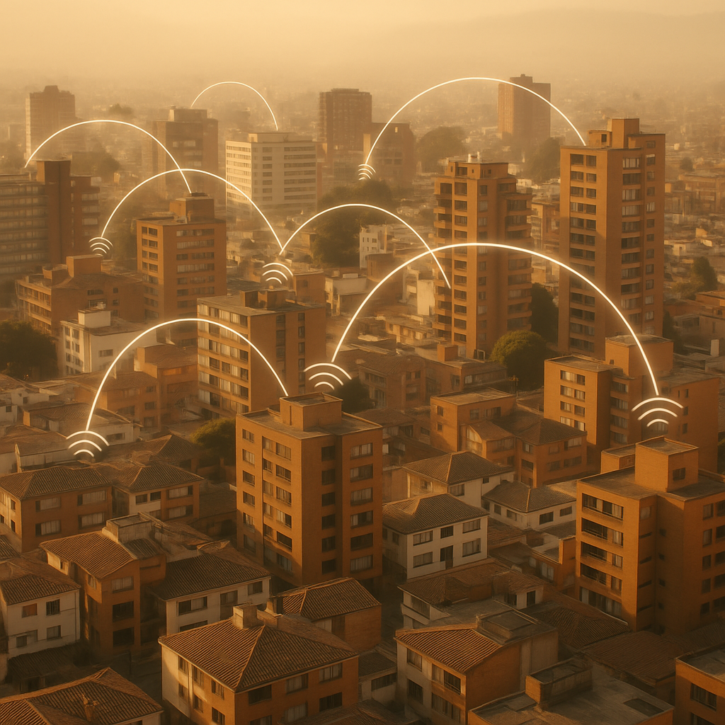 Vista panor&aacute;mica de Bogot&aacute; con l&iacute;neas de enlace mesh superpuestas